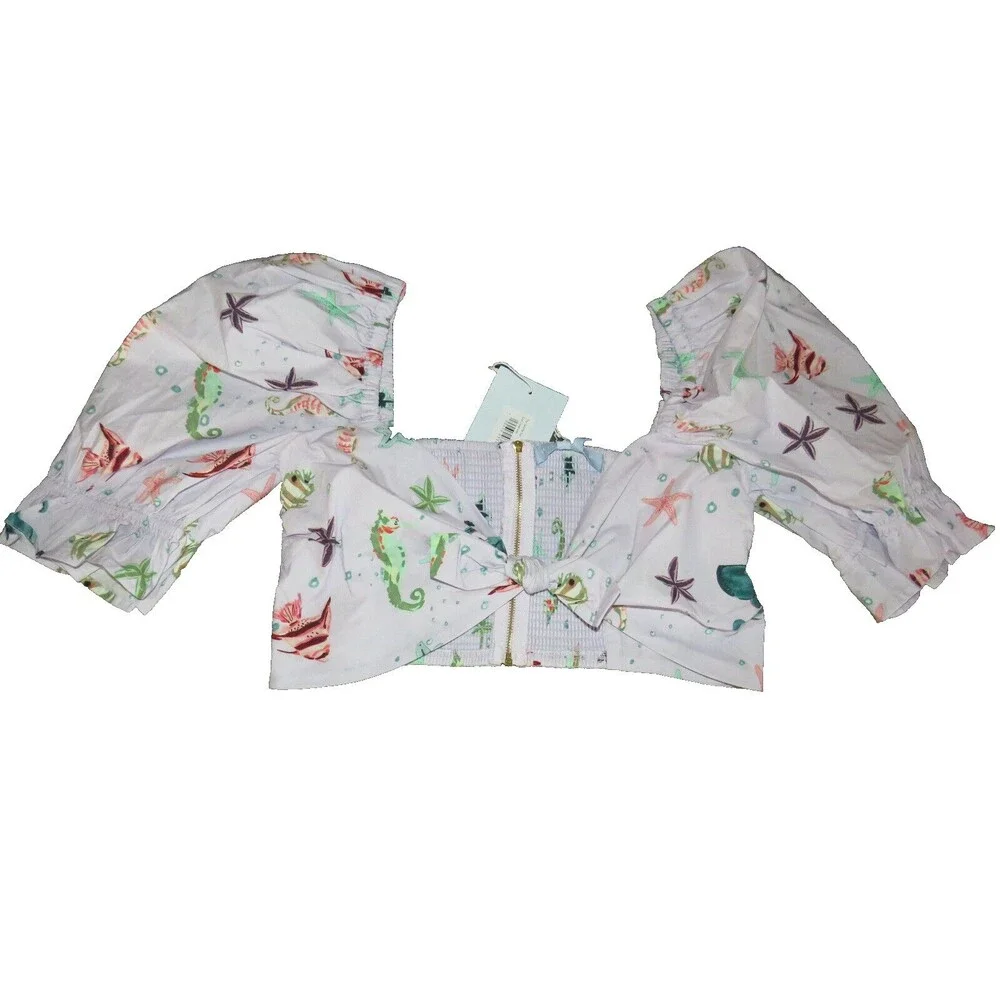 Hill House Women's The Isabella Top Sea Creatures Tie Front Smocked Back Size M